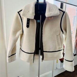 NWT Stylish Cream Faux Shearling Moto Jacket with Black Trim XSP